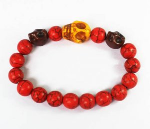 Turquoise Yellow Brown Skull Bead Red Veins Ball Beads Stretch Bracelet ZZ2494