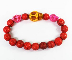 Turquoise Yellow Hot Pink Skull Bead Red Veins Ball Beads Stretch Bracelet ZZ2496