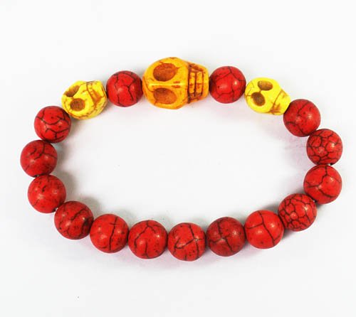 Turquoise Yellow Skull Bead Red Veins Ball Beads Stretch Bracelet ZZ2497