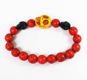 Turquoise Yellow Black Skull Bead Red Veins Ball Beads Stretch Bracelet ZZ2498