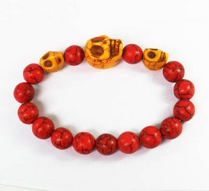 Turquoise Yellow Skull Bead Red Veins Ball Beads Stretch Bracelet ZZ2499