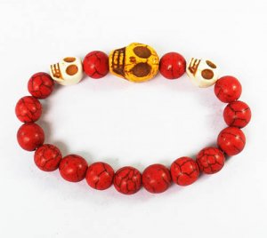 Turquoise Yellow White Skull Bead Red Veins Ball Beads Stretch Bracelet ZZ2501