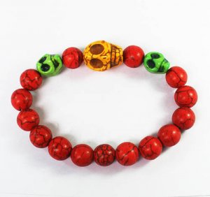Turquoise Yellow Green Skull Bead Red Veins Ball Beads Stretch Bracelet ZZ2500