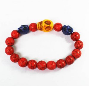 Turquoise Yellow Blue Skull Bead Red Veins Ball Beads Stretch Bracelet ZZ2502