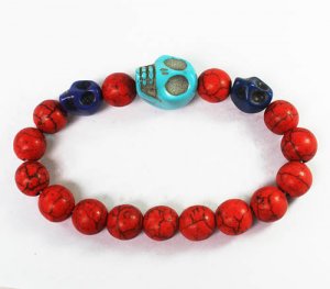 Turquoise Blue Skull Bead Red Veins Ball Beads Stretch Bracelet ZZ2503