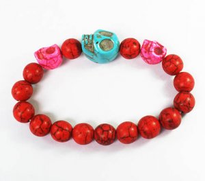Turquoise Baby Blue Hot Pink Skull Bead Red Veins Ball Beads Stretch Bracelet ZZ2504