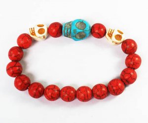 Turquoise Baby Blue White Skull Bead Red Veins Ball Beads Stretch Bracelet ZZ2505