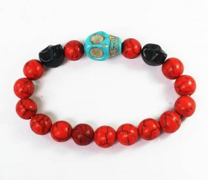 Turquoise Baby Blue Black Skull Bead Red Veins Ball Beads Stretch Bracelet ZZ2506