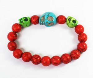 Turquoise Baby Blue Green Skull Bead Red Veins Ball Beads Stretch Bracelet ZZ2507
