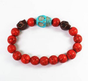 Turquoise Baby Blue Brown Skull Bead Red Veins Ball Beads Stretch Bracelet ZZ2508