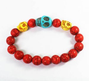Turquoise Baby Blue Yellow Skull Bead Red Veins Ball Beads Stretch Bracelet ZZ2510