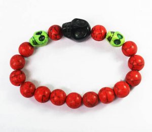Turquoise Green Black Skull Bead Red Veins Ball Beads Stretch Bracelet ZZ2511