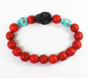 Turquoise Baby Blue Black Skull Bead Red Veins Ball Beads Stretch Bracelet ZZ2512