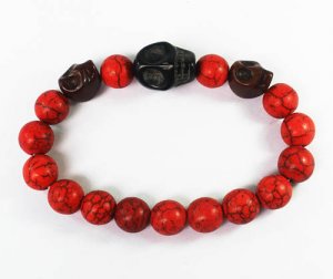 Turquoise Brown Black Skull Bead Red Veins Ball Beads Stretch Bracelet ZZ2513
