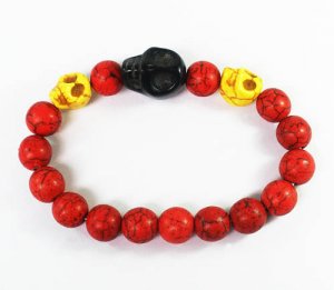 Turquoise Yellow Black Skull Bead Red Veins Ball Beads Stretch Bracelet ZZ2514