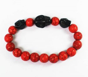 Turquoise Black Skull Bead Red Veins Ball Beads Stretch Bracelet ZZ2515