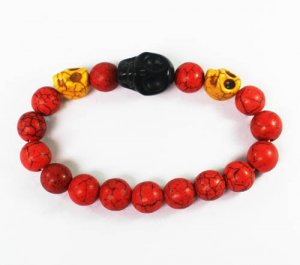 Turquoise Black Yellow Skull Bead Red Veins Ball Beads Stretch Bracelet ZZ2516