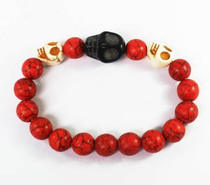 Turquoise Black White Skull Bead Red Veins Ball Beads Stretch Bracelet ZZ2517