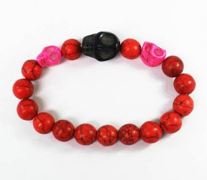 Turquoise Black Hot Pink Skull Bead Red Veins Ball Beads Stretch Bracelet ZZ2518