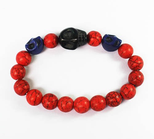 Turquoise Black Blue Skull Bead Red Veins Ball Beads Stretch Bracelet ZZ2519