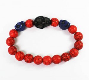 Turquoise Black Blue Skull Bead Red Veins Ball Beads Stretch Bracelet ZZ2519