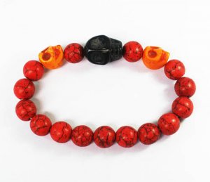 Turquoise Black Orange Skull Bead Red Veins Ball Beads Stretch Bracelet ZZ2520