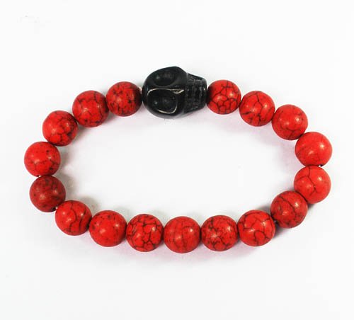 Turquoise Black Skull Bead Red Veins Ball Beads Stretch Bracelet ZZ2521