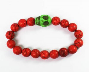 Turquoise Green Skull Bead Red Veins Ball Beads Stretch Bracelet ZZ2522