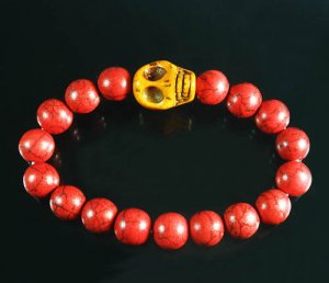 Turquoise Yellow Skull Bead Red Veins Ball Beads Stretch Bracelet ZZ2523