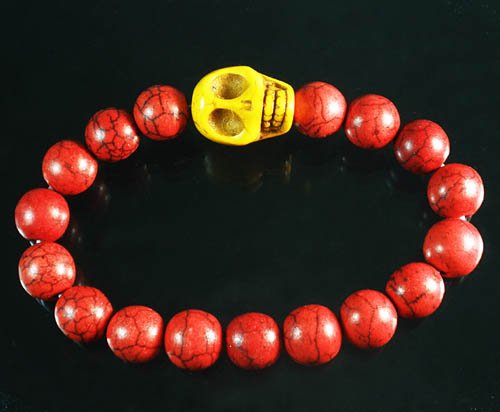 Turquoise Yellow Skull Bead Red Veins Ball Beads Stretch Bracelet ZZ2526