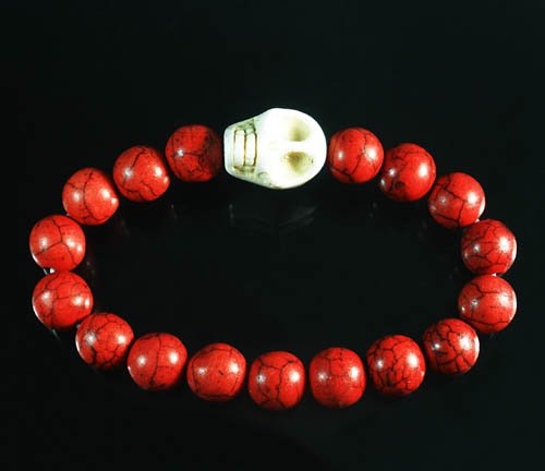 Turquoise White Skull Bead Red Veins Ball Beads Stretch Bracelet ZZ2527