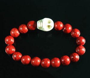 Turquoise White Skull Bead Red Veins Ball Beads Stretch Bracelet ZZ2527