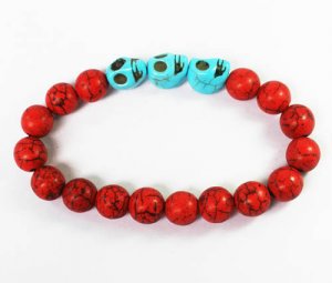 Turquoise Baby Blue Skull Bead Red Veins Ball Beads Stretch Bracelet ZZ2530