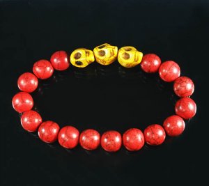 Turquoise Yellow Skull Bead Red Veins Ball Beads Stretch Bracelet ZZ2532