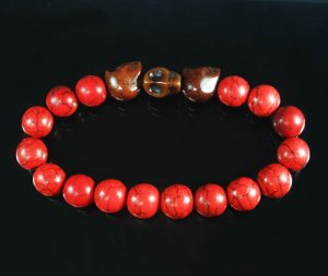 Turquoise Brown Skull Bead Red Veins Ball Beads Stretch Bracelet ZZ2534