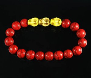 Turquoise Yellow Skull Bead Red Veins Ball Beads Stretch Bracelet ZZ2535