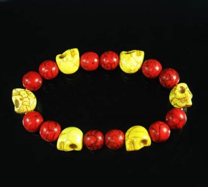 Turquoise Yellow Skull Bead Red Veins Ball Beads Stretch Bracelet ZZ2540