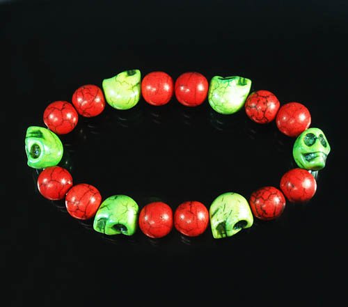 Turquoise Green Skull Bead Red Veins Ball Beads Stretch Bracelet ZZ2541