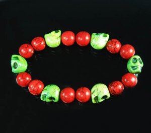 Turquoise Green Skull Bead Red Veins Ball Beads Stretch Bracelet ZZ2541