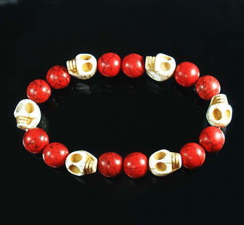Turquoise White Skull Bead Red Veins Ball Beads Stretch Bracelet ZZ2543