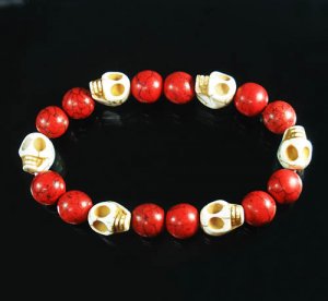 Turquoise White Skull Bead Red Veins Ball Beads Stretch Bracelet ZZ2543
