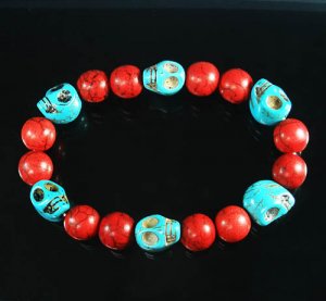 Turquoise Baby Blue Skull Bead Red Veins Ball Beads Stretch Bracelet ZZ2546