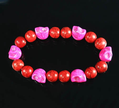Turquoise Hot Pink Skull Bead Red Veins Ball Beads Stretch Bracelet ZZ2547
