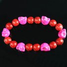 Turquoise Hot Pink Skull Bead Red Veins Ball Beads Stretch Bracelet ZZ2547