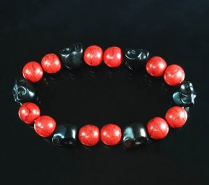 Turquoise Black Skull Bead Red Veins Ball Beads Stretch Bracelet ZZ2548
