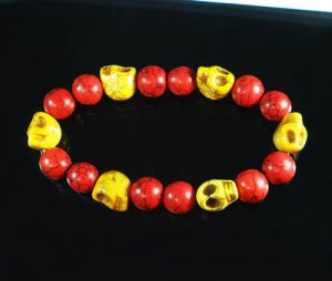 Turquoise Yellow Skull Bead Red Veins Ball Beads Stretch Bracelet ZZ2549