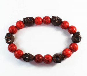 Turquoise Brown Skull Bead Red Veins Ball Beads Stretch Bracelet ZZ2550