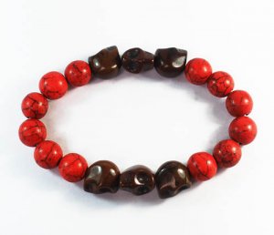 Turquoise Brown Skull Bead Red Veins Ball Beads Stretch Bracelet ZZ2551