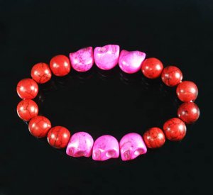 Turquoise Hot Pink Skull Bead Red Veins Ball Beads Stretch Bracelet ZZ2552