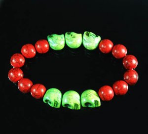 Turquoise Green Skull Bead Red Veins Ball Beads Stretch Bracelet ZZ2553